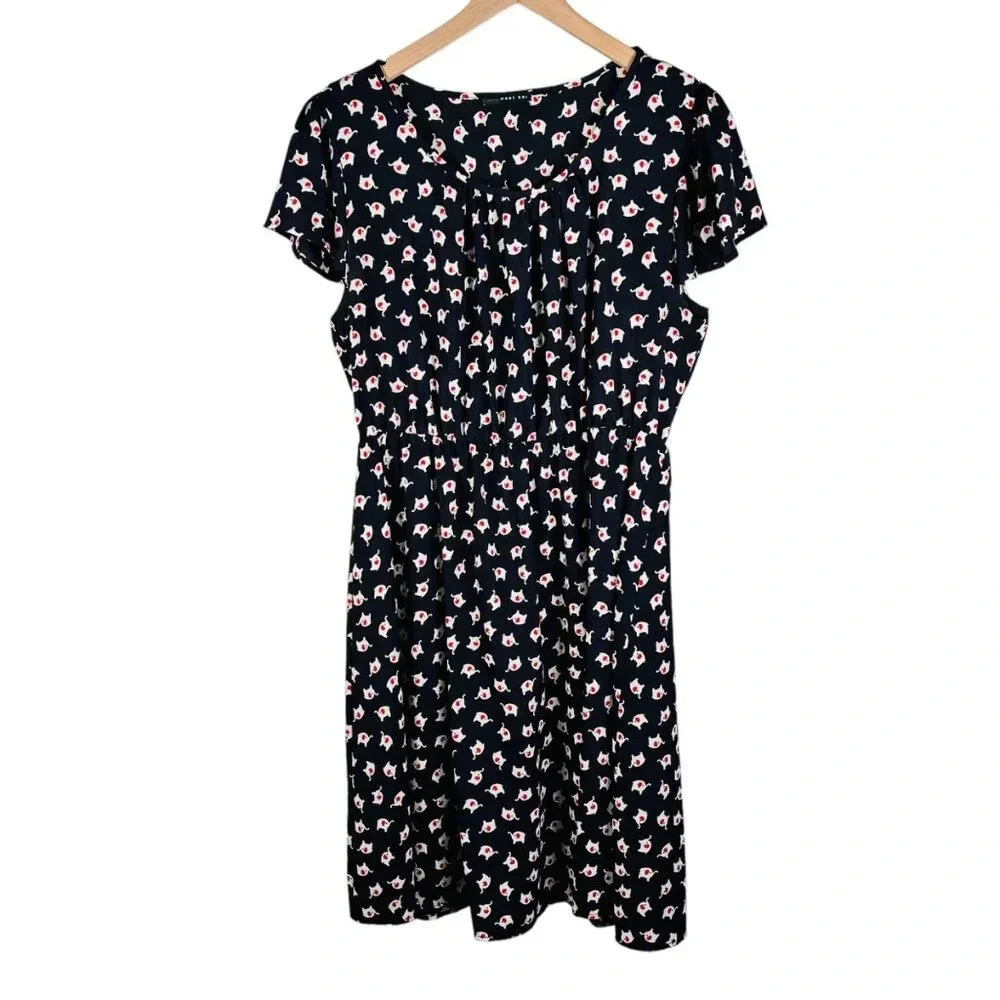 West Kei Size Large Elephant Dress Navy Red Fit & Flare Figure Flattering
